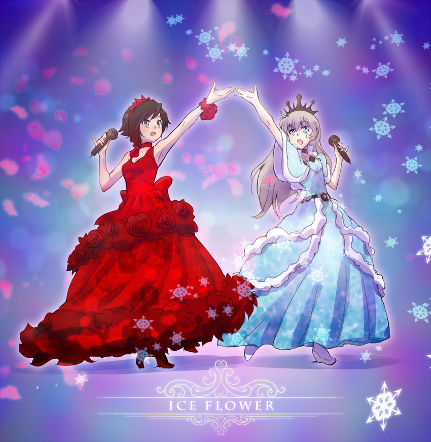 alternate_costume blue_dress crown dress english highres iesupa microphone multiple_girls music outstretched_hand red_dress ruby_rose rwby singing weiss_schnee