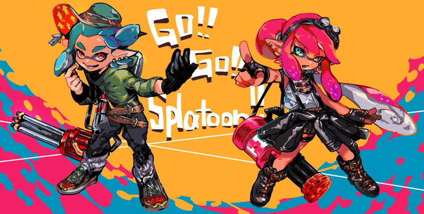 1girl alternate_hairstyle aqua_eyes bike_shorts black_gloves black_shorts blue_hair brown_eyes commentary commentary_request copyright_name dark_skin domino_mask earrings full_body gloves goggles goggles_on_head hat heavy_splatling_(splatoon) highres holding holding_weapon hydra_splatling_(splatoon) inkling irorigumi jewelry long_hair looking_at_viewer mask multiple_earrings pants parted_lips pink_hair pointy_ears shoes short_hair shorts smile splatoon_(series) splatoon_1 standing tentacle_hair weapon