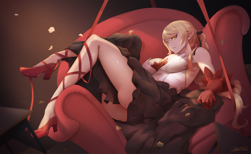 backless_dress backless_outfit bad_anatomy bakemonogatari bare_shoulders breasts brown_eyes crow_aberdeen dress high_heels highres kiss-shot_acerola-orion_heart-under-blade kizumonogatari leg_lift long_hair looking_at_viewer medium_breasts monogatari_(series) oshino_shinobu parted_lips pointy_ears sitting smile solo thighs