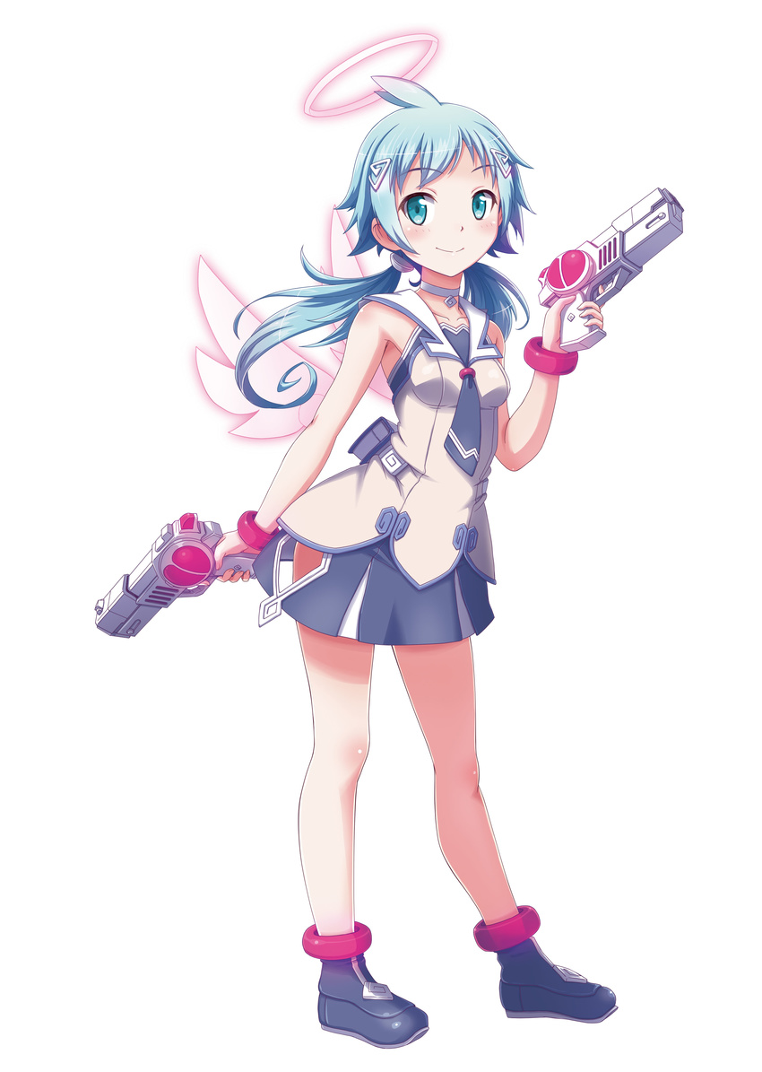 absurdres angel_wings aqua_eyes blue_hair bracelet choker dual_wielding ekoro_(galgun) gal_gun gal_gun_double_peace gun hair_ornament hairclip halo highres holding holding_gun holding_weapon jewelry long_hair looking_at_viewer masanori_ito official_art simple_background skirt sleeveless smile solo twintails weapon white_background wings