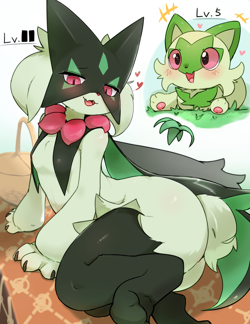1girl 1other absurdres ass blush body_fur green_hair heart highres kyameta looking_at_viewer lying mask meowscarada no_humans on_side open_mouth pokemon pokemon_(creature) red_eyes short_hair slit_pupils smile sprigatito tail thighs