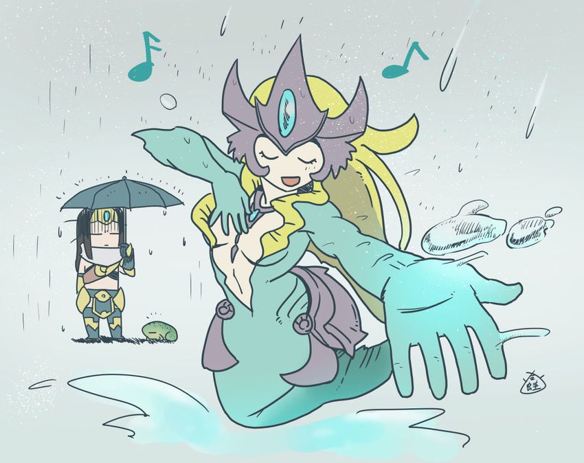 breasts center_opening cleavage commentary frog league_of_legends leng_wa_guo long_hair medium_breasts mermaid midriff monster_girl multiple_girls music nami_(league_of_legends) navel rain scales singing sivir smile tail umbrella