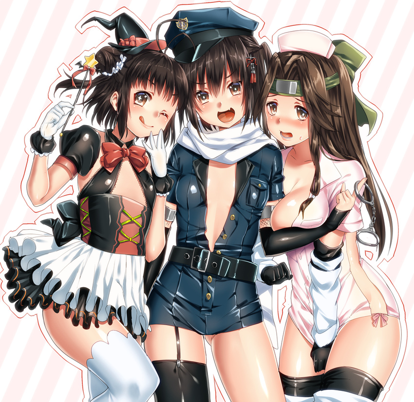 3girls ;q alternate_costume antenna_hair belt black_gloves black_hair black_legwear breasts brown_eyes brown_hair center_opening collarbone cuffs double_bun elbow_gloves fang fingerless_gloves flat_chest frilled_skirt frills garter_straps girl_sandwich gloves handcuffs hat headband highres holding holding_wand jintsuu_(kantai_collection) kantai_collection keita_(tundereyuina) large_breasts multiple_girls naka_(kantai_collection) nurse nurse_cap one_eye_closed open_clothes plunging_neckline police police_uniform policewoman remodel_(kantai_collection) sandwiched scarf sendai_(kantai_collection) short_hair single_thighhigh skirt small_breasts thighhighs tongue tongue_out two_side_up uniform wand white_legwear white_scarf witch_hat