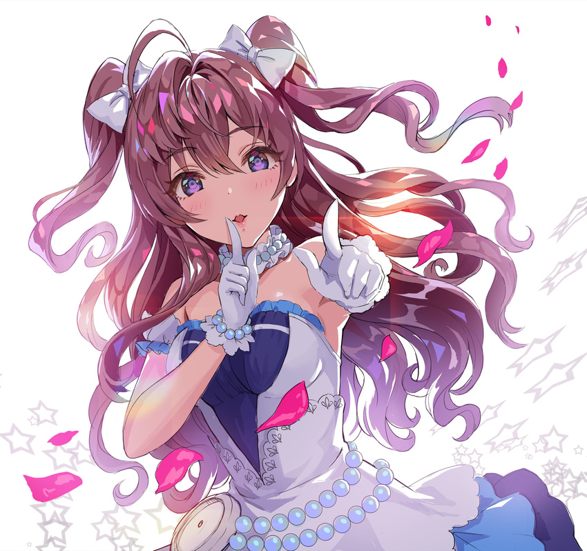 absurdres ahoge armpits blue_eyes bow bracelet brown_hair choker dress dutch_angle finger_to_mouth gloves hair_bow highres ichinose_shiki idolmaster idolmaster_cinderella_girls idolmaster_cinderella_girls_starlight_stage index_finger_raised jewelry long_hair looking_at_viewer petals simple_background solo strapless strapless_dress teffish two_side_up white_background white_bow white_gloves