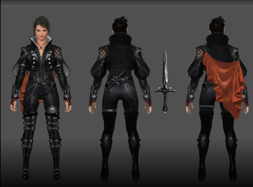 ass belt belt_boots belts brown_hair cape concept_art crowe_altius dagger final_fantasy final_fantasy_xv fingerless_gloves gloves high_collar jewelry kingsglaive:_final_fantasy_xv leather leather_gloves long_boots looking_at_viewer messy_hair official_art orange_cape thigh_gap zipper