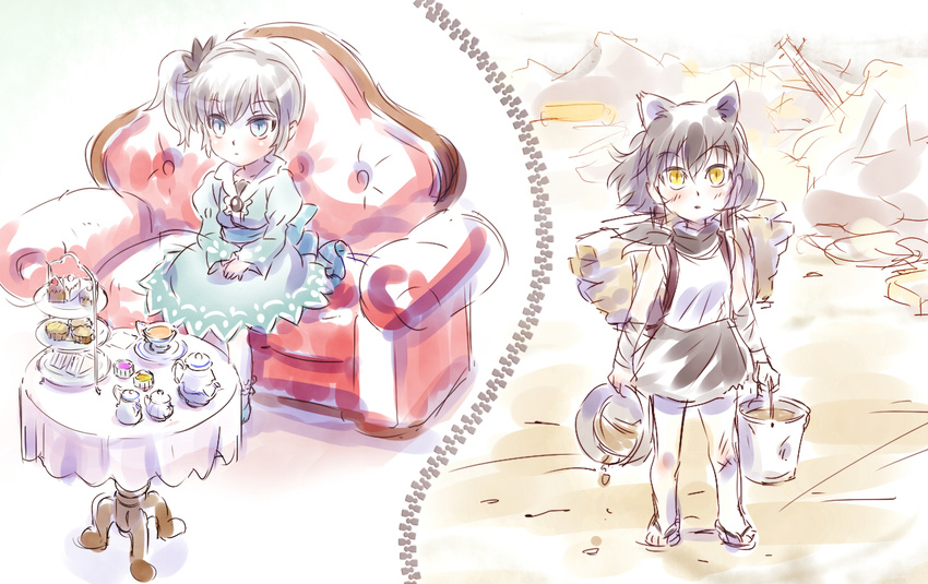 animal_ears black_hair blake_belladonna branch bucket cake couch cup cupcake dirty dress flip-flops food iesupa long_sleeves multiple_girls ponytail rwby sandals scarf short_hair side_ponytail skirt sleeveless slippers tea teacup teapot tiered_tray weiss_schnee white_hair yellow_eyes younger zipper