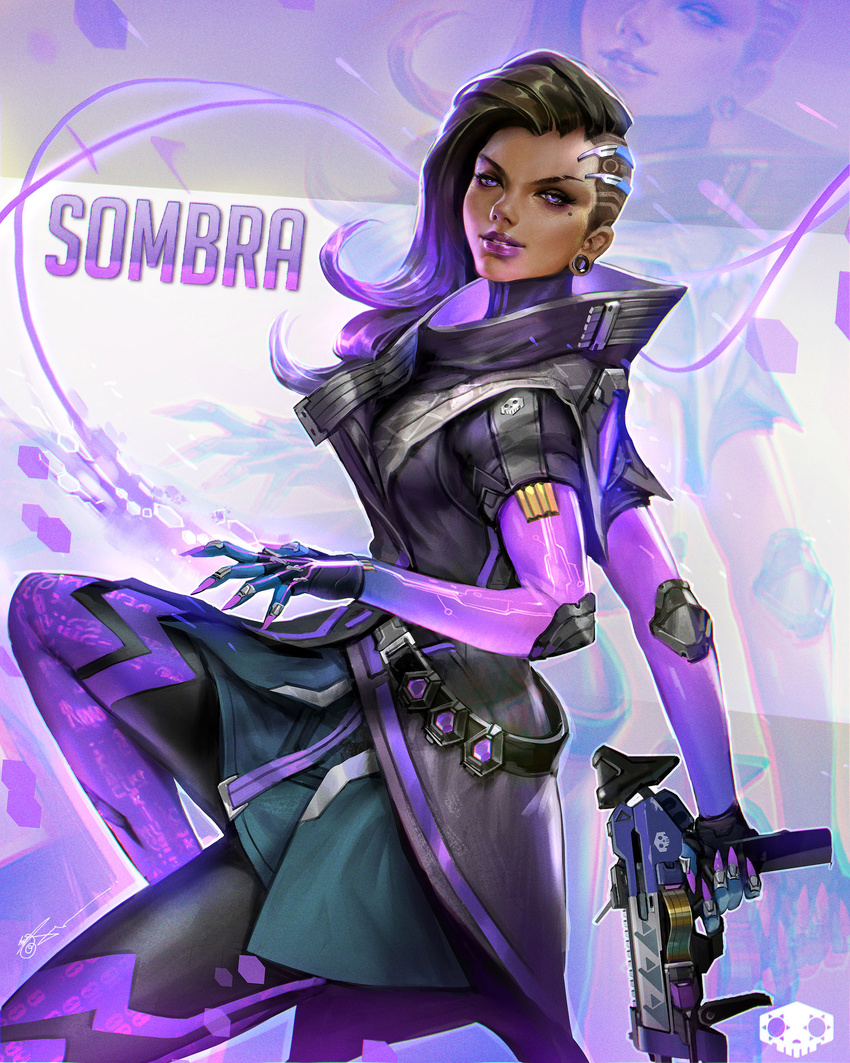 absurdres artstation_sample black_hair character_name dark_skin eyeshadow gun high_collar highres image_sample jeremy_chong lipstick looking_at_viewer machine_pistol makeup mole mole_under_eye multicolored_hair overwatch purple_eyes purple_hair purple_lipstick smile solo sombra_(overwatch) two-tone_hair undercut weapon