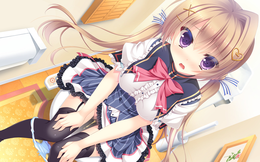 ayase_chisato black_legwear blush bow bow_panties breasts brown_hair censored chuunibyou_na_kanojo_no_love_equation dutch_angle frilled_skirt frills game_cg garter_straps hair_intakes hair_ornament hair_ribbon hairclip hands_on_own_knees heart heart_hair_ornament indoors knees_together_feet_apart long_hair looking_at_viewer medium_breasts mosaic_censoring open_mouth panties panty_pull pee peeing pink_bow purple_eyes pussy ribbon school_uniform short_sleeves sitting skirt solo striped striped_ribbon surprised thighhighs tile_floor tiles toilet toilet_paper toilet_use underwear very_long_hair white_panties x_hair_ornament yukie_(peach_candy)