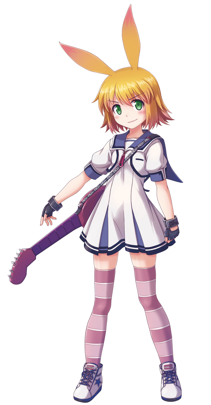 absurdres animal_ears blonde_hair fingerless_gloves full_body gal_gun gal_gun_double_peace gloves green_eyes guitar highres instrument looking_at_viewer masanori_ito shoes short_hair short_sleeves simple_background skirt smile sneakers solo striped striped_legwear thighhighs uno_aoi white_background
