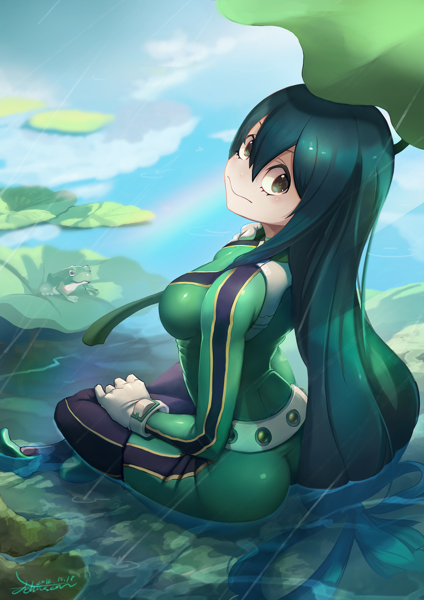 2016 ass asui_tsuyu black_eyes black_hair bodysuit boku_no_hero_academia breasts crow_aberdeen dated frog gloves green_bodysuit highres indian_style lily_pad long_hair looking_at_viewer medium_breasts rain signature sitting solo very_long_hair water white_gloves