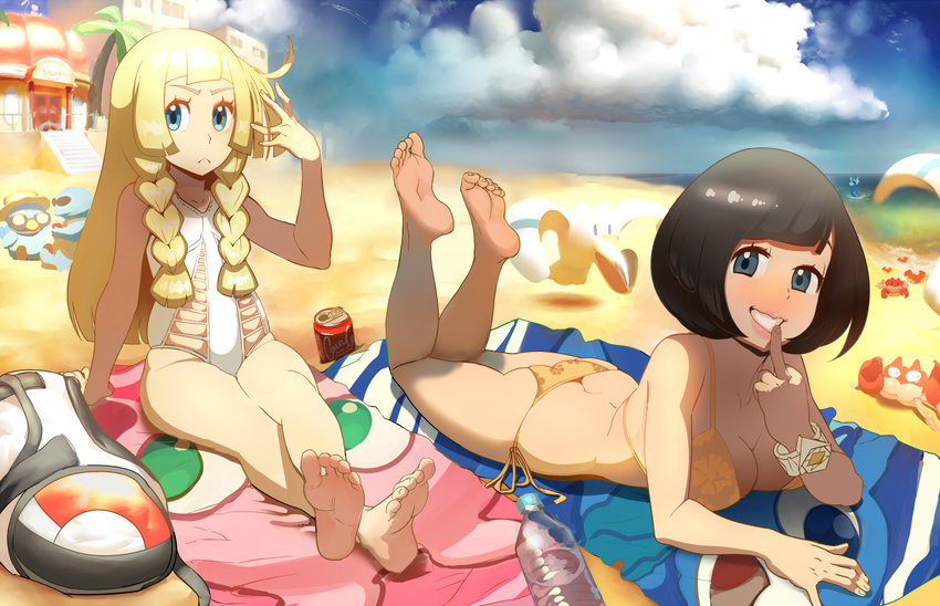 arm_support ass barefoot beach beach_towel bikini black_hair blonde_hair blue_eyes blush bottle bracelet braid breast_press breasts butt_crack can cleavage cloud crossed_legs day dratini feet feet_up finger_to_mouth flat_ass frown gen_1_pokemon gen_3_pokemon gen_4_pokemon idlecil jewelry krabby legendary_pokemon lillie_(pokemon) long_hair lying medium_breasts mew middle_finger mizuki_(pokemon) multiple_girls naughty_face on_stomach one-piece_swimsuit piplup pokemon pokemon_(creature) pokemon_(game) pokemon_sm short_hair side-tie_bikini sitting skindentation smile soles squirtle swimsuit the_pose toe_scrunch toes towel twin_braids water_bottle wavy_mouth wingull