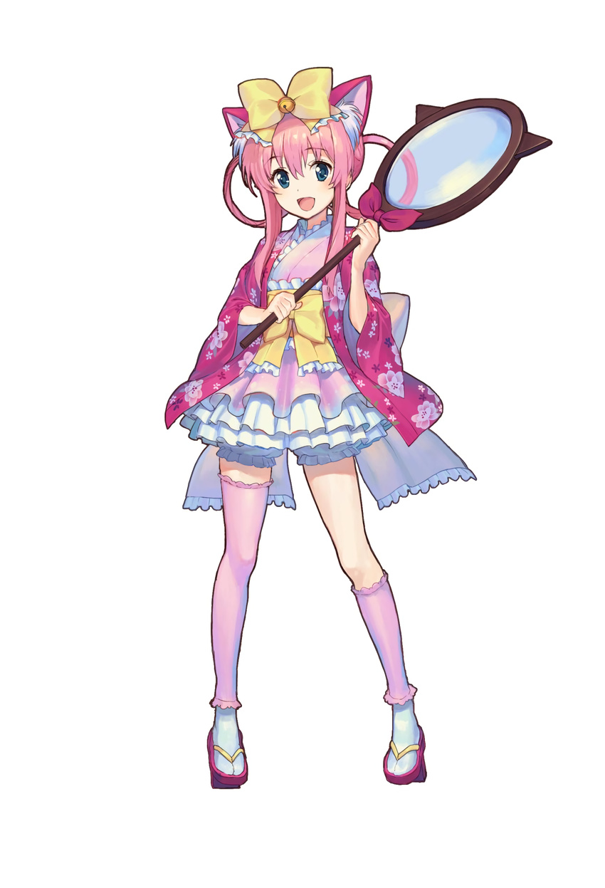 animal_ears asymmetrical_legwear bow cat_ears floral_print full_body hair_bow highres holding long_hair long_sleeves nonoya_nayori official_art open_mouth oversized_object pink_eyes pink_legwear sandals sherlock_shellingford sidelocks simple_background skirt solo tantei_opera_milky_holmes toys_drive twintails white_background