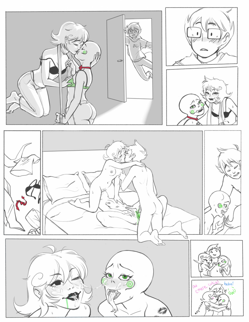 bed bisexual breasts butt calliope cherub clothing comic cuddling cum cum_on_face female female/female homestuck human john_egbert kissing male male/female mammal ms_paint_adventures oral penetration penis pussy roxy_lalonde sex unknown_artist vaginal vaginal_penetration
