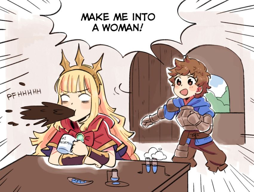 1boy 1girl ange_(angeban93) arm_guards armor bangs blonde_hair blush brown_eyes brown_hair cagliostro_(granblue_fantasy) coffee coffee_mug commentary commission cup door english_commentary english_text gran_(granblue_fantasy) granblue_fantasy hairband long_hair looking_at_another mug mug_writing open_door open_mouth short_hair smile spit_take spitting surprised table tiara vial white_eyes wooden_door