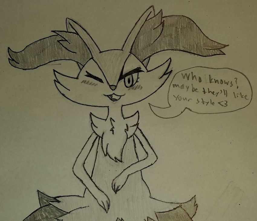 &lt;3 3 blush braixen canine chest_tuft dialogue female fingers fox fur general: hindsy inner_ear_fluff mammal nintendo one_eye_closed open_mouth pok&eacute;mon presenting simple_background smike smile solo text tongue tuft video_games wink