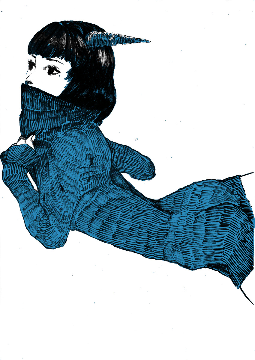 ass black black_hair blue blue_sweater calligraphy_brush_(medium) commentary_request covered_mouth from_side highres horns kamiya_allte limited_palette looking_to_the_side lying mole mole_under_eye original ribbed_sweater simple_background sleeves_past_wrists solo sweater white_background
