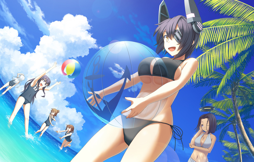 :d akatsuki_(kantai_collection) alternate_costume anchor_symbol ball bangs beachball bikini breast_hold breast_press breasts brown_eyes brown_hair cleavage cleavage_cutout cloud cloudy_sky day eyepatch folded_ponytail from_behind halter_top halterneck hibiki_(kantai_collection) highres ikazuchi_(kantai_collection) inazuma_(kantai_collection) kantai_collection large_breasts light_smile long_hair looking_at_another looking_at_viewer looking_up mechanical_halo multiple_girls ocean one-piece_swimsuit one_eye_closed open_mouth outdoors palm_leaf palm_tree parted_bangs ponytail purple_eyes purple_hair sakais3211 school_swimsuit short_hair side-tie_bikini silver_hair sky small_breasts smile standing standing_on_liquid stomach swimsuit tatsuta_(kantai_collection) tenryuu_(kantai_collection) thighs tree white_bikini yellow_eyes
