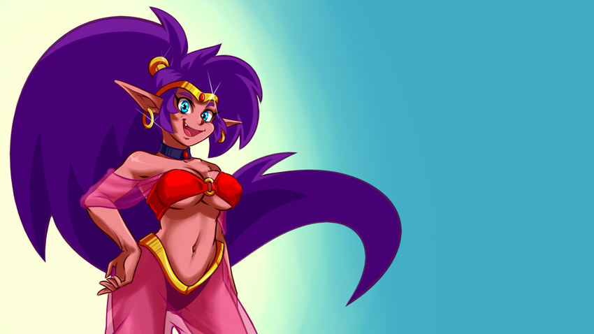 2015 breasts choker cleavage clothed clothing ear_piercing female genie hair hand_on_hip headband hi_res looking_at_viewer midriff navel open_mouth piercing plagueofgripes pointy_ears ponytail purple_hair shantae shantae_(series) smile solo teal_eyes translucent transparent_clothing