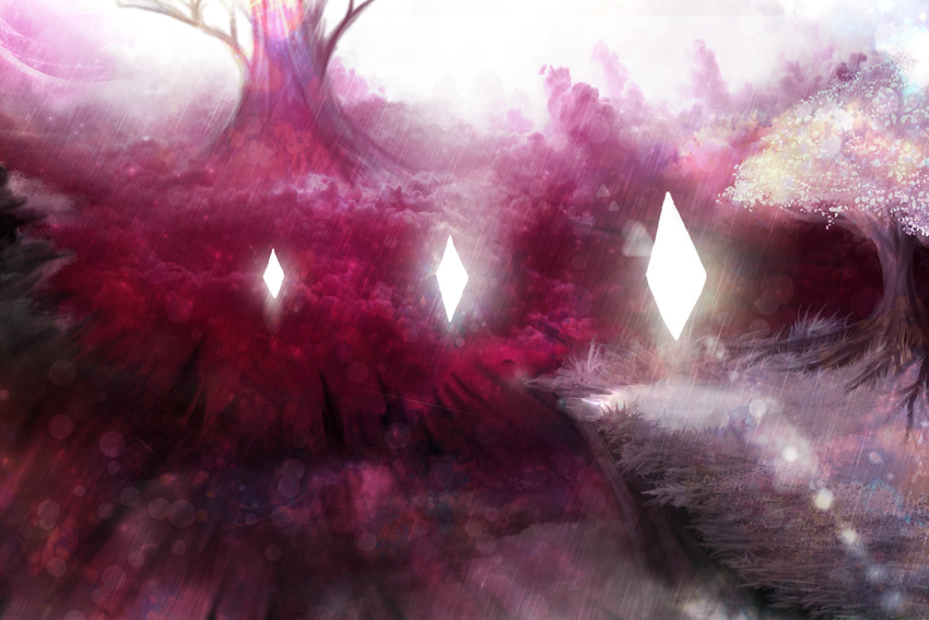 backlighting blurry cherry_blossoms commentary highres lens_flare light no_humans pink saigyou_ayakashi scenery texture third-party_edit touhou tree