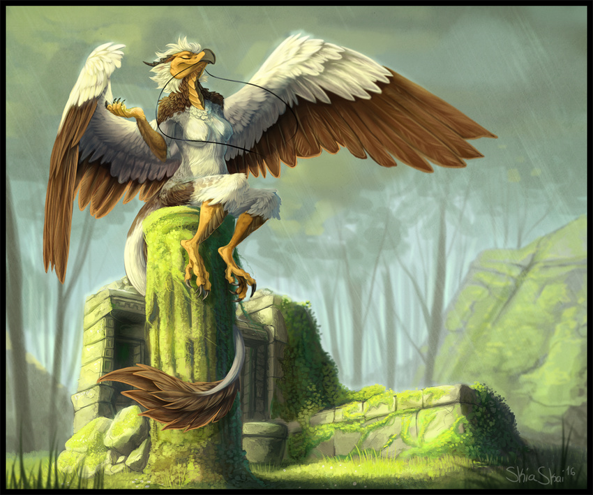 2016 anthro armpits avian beak breasts brown_feathers claws detailed_background dragon eastern_dragon egyptian_vulture eva_(ozawk) eyes_closed feathered_wings feathers featureless_breasts female horn hybrid long_tail nude outside raining ruins signature sitting skiaskai solo talons tree two_tone_feathers whiskers white_feathers wings