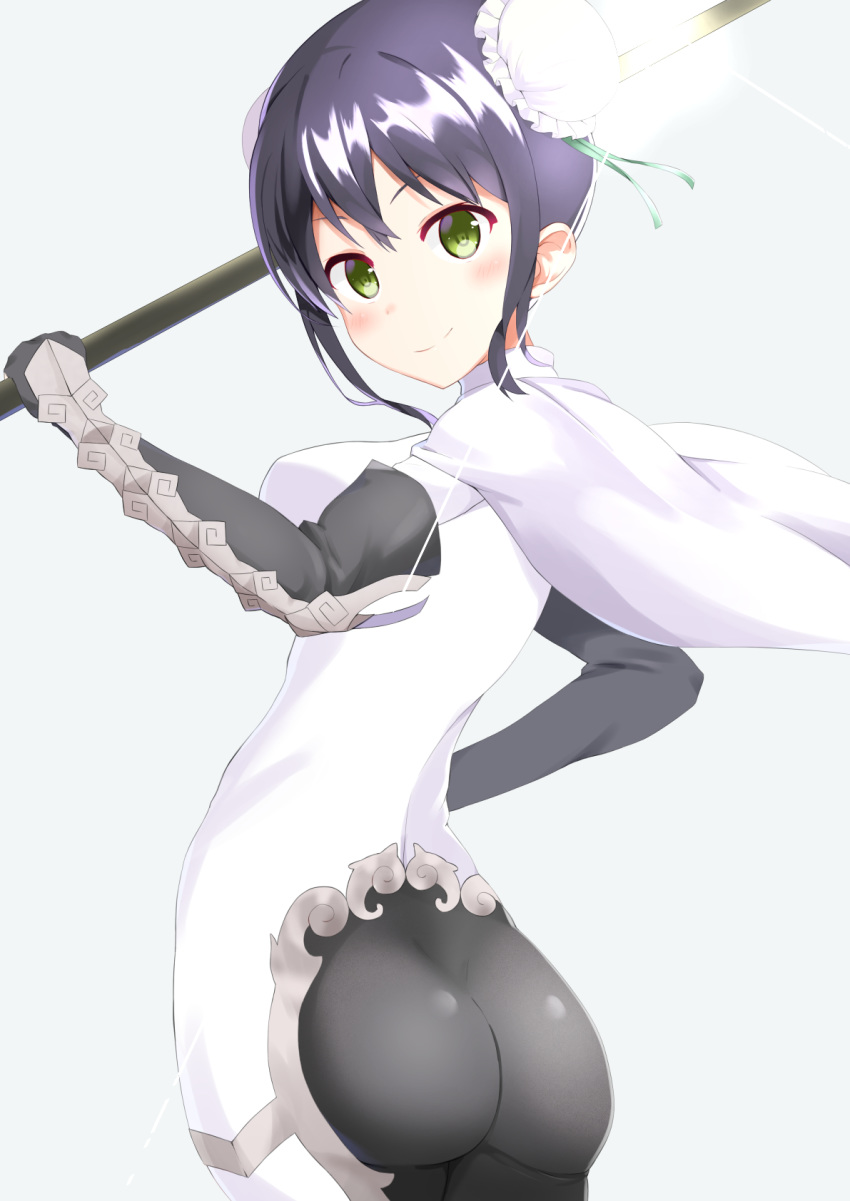 1girl artist_request ass black_hair blush bodysuit breasts bun_cover cape double_bun fate/grand_order fate_(series) from_behind gauntlets green_eyes looking_at_viewer looking_back polearm qin_liangyu_(fate) shiny shiny_clothes shiny_hair short_hair sideboob smile solo spear weapon