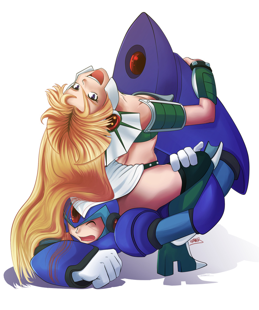 1boy 1girl :d android arm_around_leg bare_arms bare_shoulders bare_thighs blond blue_eyes boots eyes_closed femdom gloves hair hand_on_leg heels helmet hig_heels long_hair looking_back marty_(rockman_x) open_mouth robot rockman rockman_x rockman_x_(manga) shadow simple_background smile transparent_background white_gloves x_(rockman)