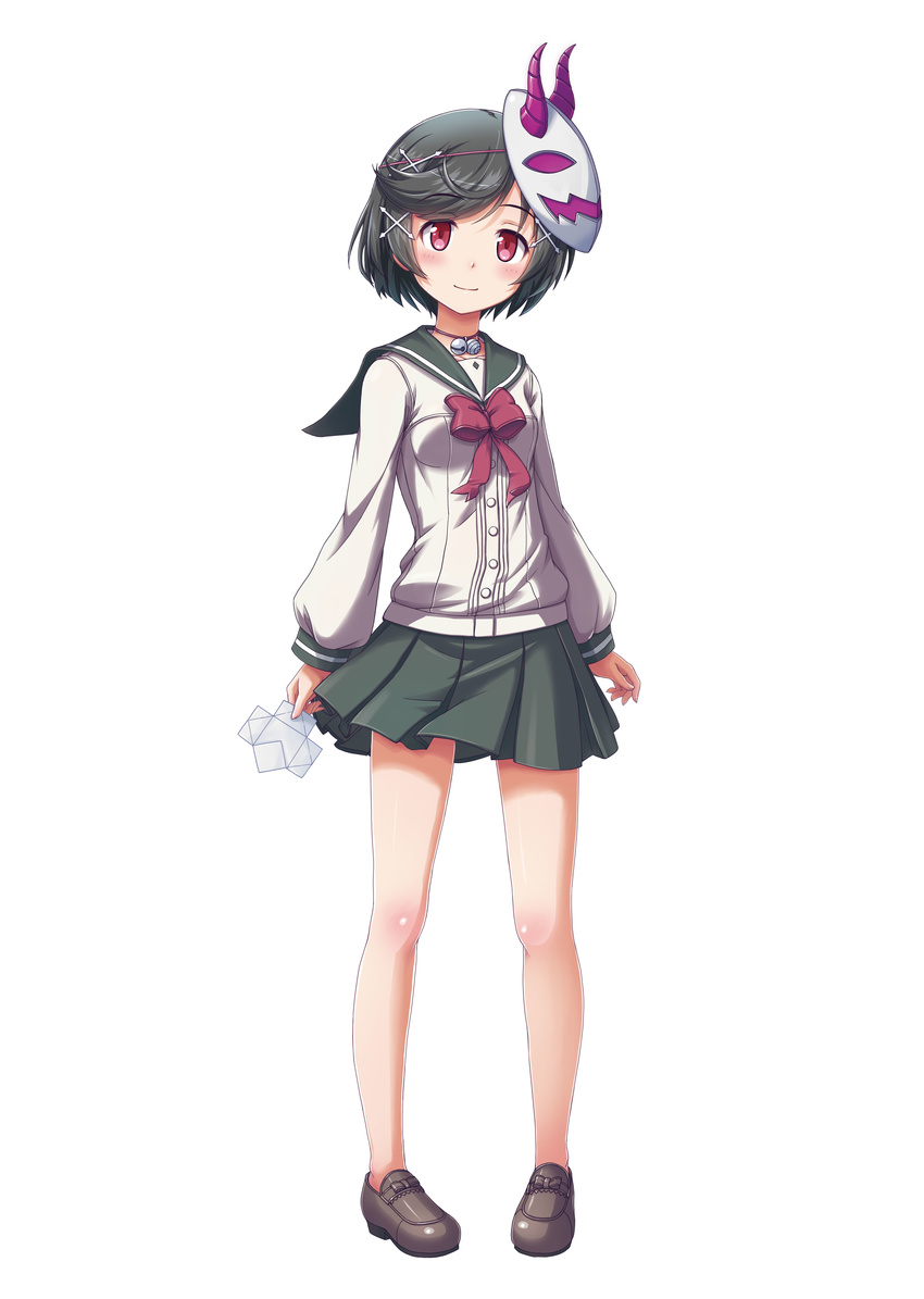 absurdres bangs bare_legs bell black_hair bow gal_gun gal_gun_double_peace game_cg hair_ornament hairclip highres holding kamizono_maya loafers long_sleeves masanori_ito mask mask_on_head neck_ribbon no_socks official_art origami pigeon-toed pleated_skirt red_eyes ribbon shoes short_hair skirt smile solo swept_bangs thighhighs white_background