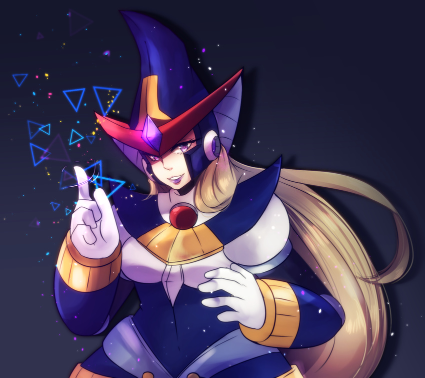 android berkana black_background blonde_hair breasts chubby dress gloves hat hydrangea_(artist) lips lipstick long_hair purple_eyes robot rockman rockman_x smile triangle white_gloves witch witch_hat