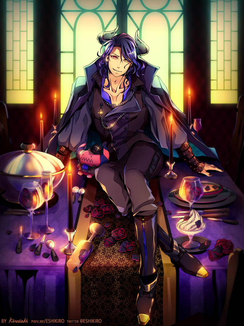 arm_support artist_name asselin_bb_ii black_nails boots buckle candle candlelight cape chain champagne_flute collarbone cravat cross-laced_clothes crossed_legs cup demon_horns double-breasted drinking_glass earrings evil_smile fingernails flower food full_body hair_over_one_eye hat heterochromia high_collar highres horns ice_cream idolmaster idolmaster_side-m jewelry knife long_hair long_sleeves male_focus nail_polish on_table pants petals pixiv_username plate purple_hair purple_shirt red_eyes rose rose_petals satan_(idolmaster) seklutz shirt signature single_earring sitting sleeveless_jacket smile smirk solo spoon stuffed_toy table tablecloth twitter_username watermark wavy_hair wavy_mouth window wine_glass wristband yellow_eyes zipper