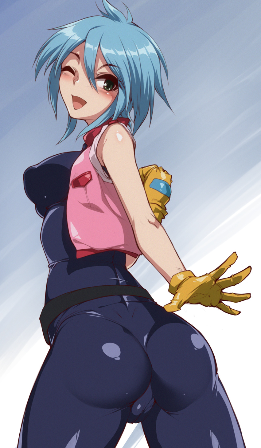 1girl allenby_beardsley artist_request ass bare_shoulders belt blue_hair blush bodysuit breasts cameltoe cropped_jacket from_behind g_gundam gloves green_eyes gundam large_breasts looking_at_viewer looking_back one_eye_closed open_mouth shiny shiny_clothes shiny_hair shiny_skin short_hair sideboob skin_tight smile solo spandex