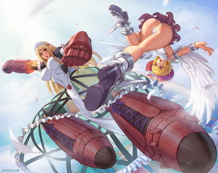 angel ass blonde_hair breasts feathers foreshortening gauntlets laila_(queen's_blade) looking_at_viewer maid_headdress midair multiple_girls pointy_ears queen's_blade queen's_blade_rebellion speed_lines speh thong upside-down vante wings