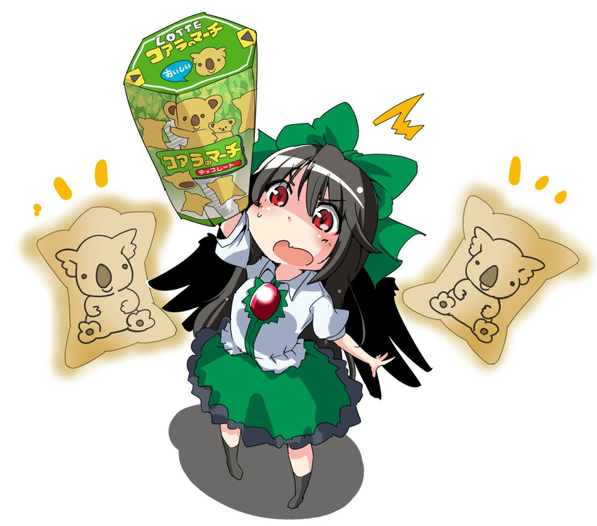 1girl arm_up black_hair black_wings bow cookie food frilled_skirt frills from_above full_body green_bow green_skirt hair_bow koala koala_no_march long_hair open_mouth puffy_short_sleeves puffy_sleeves red_eyes reiuji_utsuho shadow shinapuu shirt short_sleeves skirt solo surprised sweat third_eye touhou white_background white_shirt wings