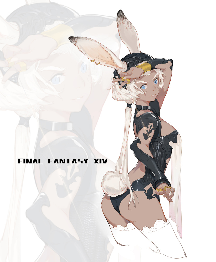 1girl animal_ears arm_up armor ass back black_leotard blue_eyes breasts bunny_ears bunny_girl bunny_tail copyright_name cropped_legs dark_skin earrings elbow_pads final_fantasy final_fantasy_xiv highres jewelry leotard long_hair low_ponytail medium_breasts parted_lips ring see-through sideboob smile sola7764 solo tail thick_eyebrows thighhighs v v-shaped_eyebrows viera white_background white_hair white_legwear wrist_guards zoom_layer