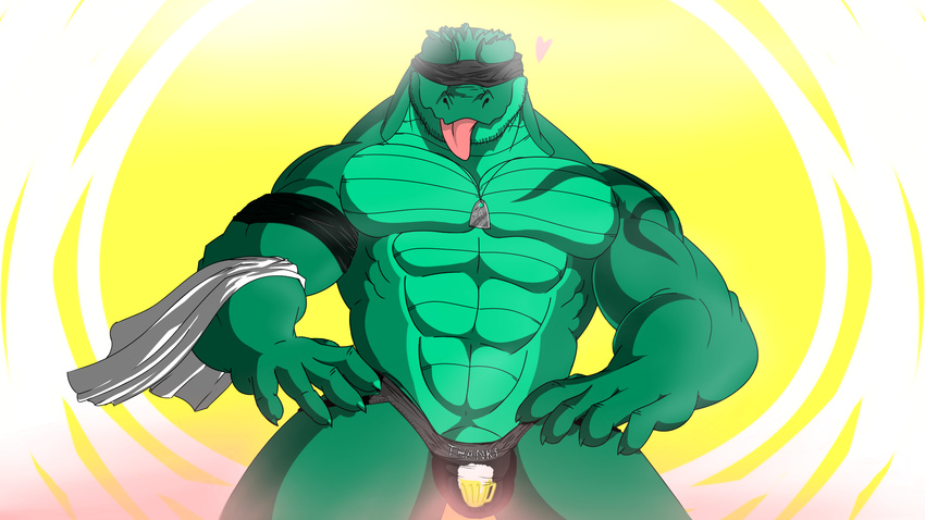 &lt;3 2016 abs aliensymbol alligator anthro biceps big_muscles blind_folded clothing crocodilian dog_tags dripping green_body green_scales hi_res jewelry jockstrap male muscular muscular_male necklace nude paul_webster pecs reptile scales scalie simple_background smile solo standing tongue tongue_out towel underwear