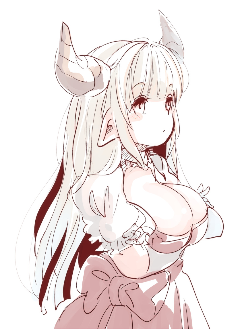 :/ absurdres alicia_(granblue_fantasy) alternate_eye_color bad_id bad_pixiv_id bangs blush bow breast_hold breasts cleavage cleavage_cutout closed_mouth crossed_arms draph dress ears_down elbow_gloves expressionless eyebrows eyebrows_visible_through_hair gloves granblue_fantasy highres horns large_breasts long_hair mature myouji_namawe pointy_ears puffy_short_sleeves puffy_sleeves red_bow red_dress short_sleeves silver_hair simple_background solo tareme white_background white_eyes white_gloves