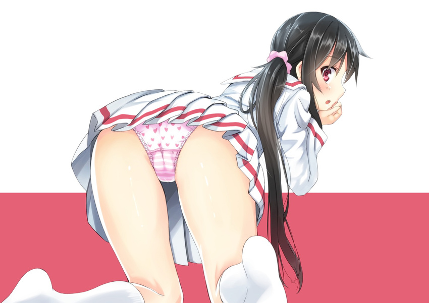 all_fours ass black_hair blush commentary_request from_behind hair_ornament hair_scrunchie heart heart_panties heart_print kneehighs knees_together_feet_apart long_hair long_sleeves looking_at_viewer looking_back no_shoes open_mouth original panties pink_panties pleated_skirt print_panties red_eyes school_uniform scrunchie serafuku setsuna_(miraichizu) side_ponytail simple_background skirt solo striped striped_panties underwear very_long_hair white_legwear zero_(miraichizu)