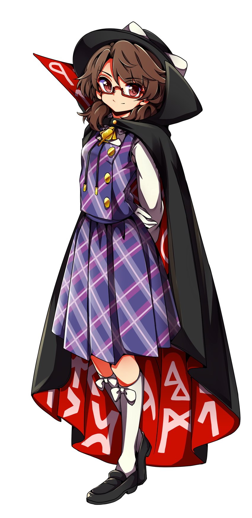 absurdres baba_(baba_seimaijo) brown_hair cape commentary_request full_body glasses hat highres low_twintails red-framed_eyewear ribbon school_uniform short_hair skirt solo tachi-e touhou transparent_background twintails usami_sumireko white_legwear