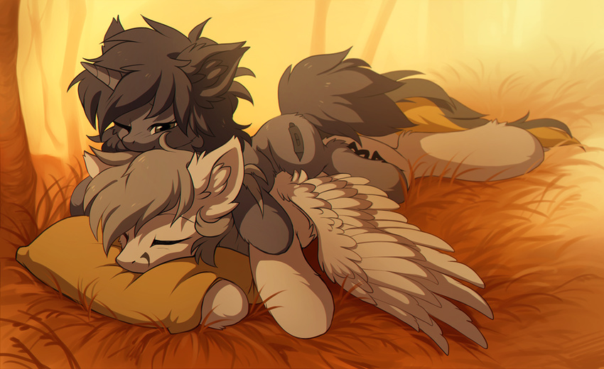 cutie_mark duo equine eyes_closed feathered_wings feathers female feral fur grey_fur grey_hair hair hioshiru horn kate_(character) kej_(character) male mammal my_little_pony nude pegasus pillow smile unicorn white_fur wings