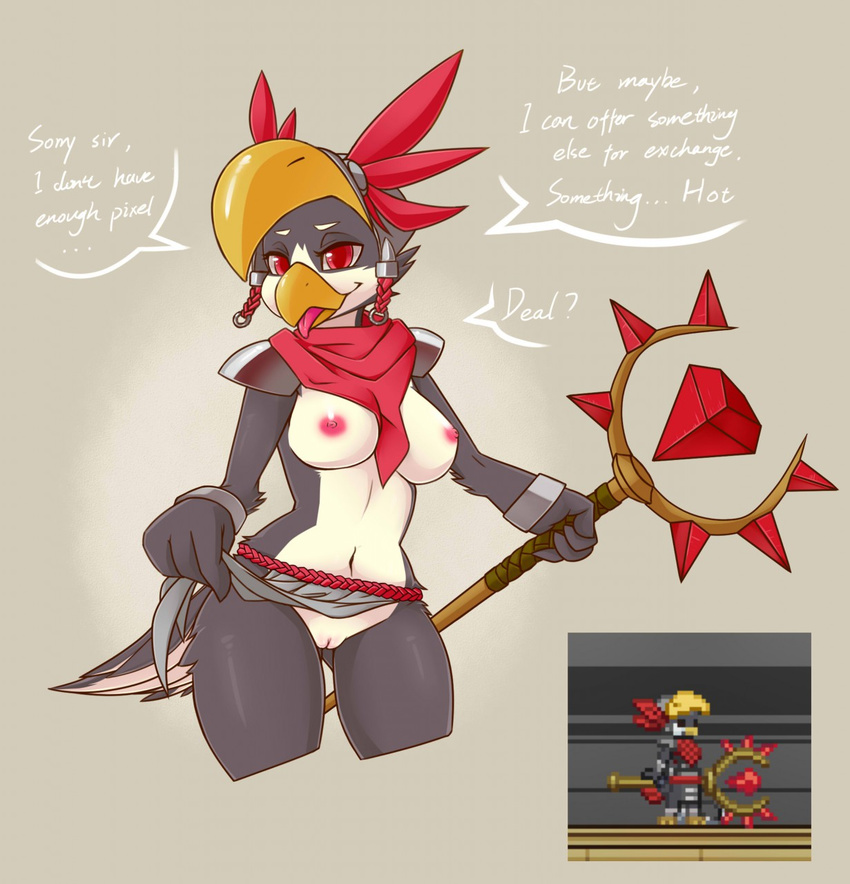 2016 anthro avian avian_(starbound) beak bird breasts clothed clothing feathers female josia looking_at_viewer navel nipples nude open_mouth pussy red_eyes silver723 simple_background skimpy smile solo starbound tongue tongue_out video_games wide_hips