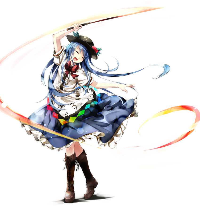 ;d ^_^ blue_hair boots closed_eyes cross-laced_footwear dress food frilled_dress frills fruit gorilla_(bun0615) happy hat highres hinanawi_tenshi long_hair one_eye_closed open_mouth peach smile solo swinging sword sword_of_hisou touhou weapon