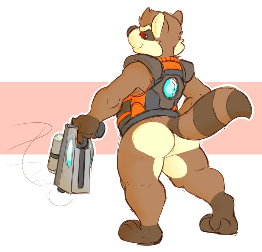 barefoot bottomless butt clothed clothing grin guardians_of_the_galaxy gun holding_object holding_weapon looking_at_viewer looking_back mammal marvel naughty_face rabidraccoon raccoon raised_tail ranged_weapon rear_view rocket_raccoon slightly_chubby vest weapon