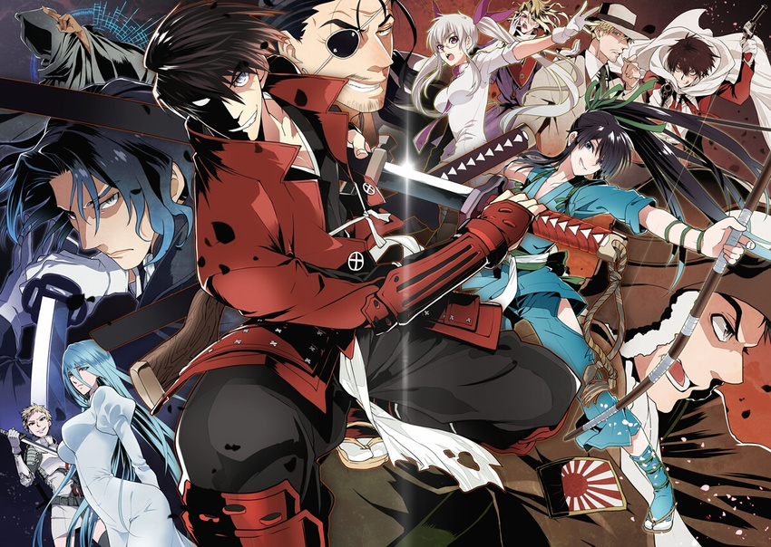 6+boys anastasia_nikolaevna_romanova androgynous armor beard black_hair blonde_hair blue_eyes blue_hair bow_(weapon) brown_hair butch_cassidy drifters easy_(drifters) facial_hair fujiwara_riyu glasses hat hijikata_toshizou_(drifters) japanese_armor jeanne_d'arc_(drifters) kanno_naoshi long_hair looking_at_viewer multiple_boys multiple_girls nasu_no_yoichi oda_nobunaga_(drifters) olmine ponytail saint-germi shimazu_toyohisa short_hair smile sword the_black_king weapon