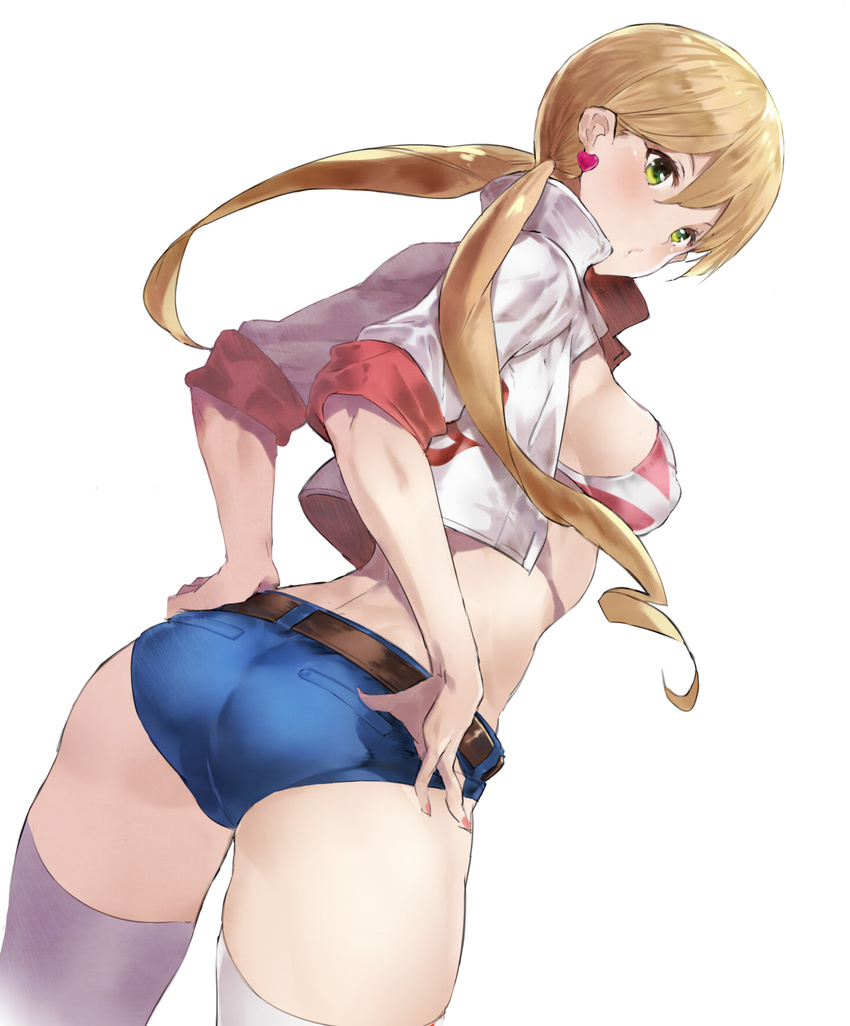 ass back belt bikini bikini_top blonde_hair blue_shorts blush breasts covered_nipples cowboy_shot cropped_jacket earrings eyelashes floating_hair from_side green_eyes gundam gundam_tekketsu_no_orphans hair_between_eyes hands_on_hips heart heart_earrings highres jacket jewelry lafter_frankland legs_apart long_hair looking_at_viewer low_twintails medium_breasts midriff nail_polish o3o open_clothes open_jacket pink_nails shade short_shorts shorts skin_tight sleeves_rolled_up solo striped striped_bikini striped_bikini_top swimsuit thighhighs tokopi twintails white_jacket white_legwear