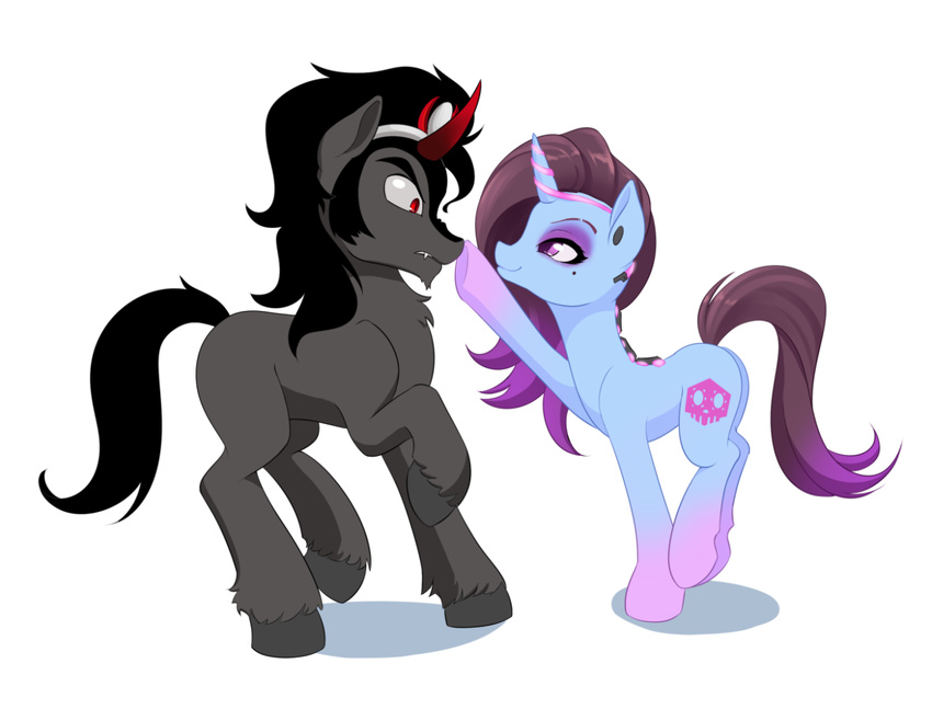 2016 black_hair boop cutie_mark dstears duo equine friendship_is_magic hair horn king_sombra_(mlp) mammal my_little_pony nose_boop overwatch ponification purple_eyes red_eyes simple_background sombra_(overwatch) unicorn video_games white_background