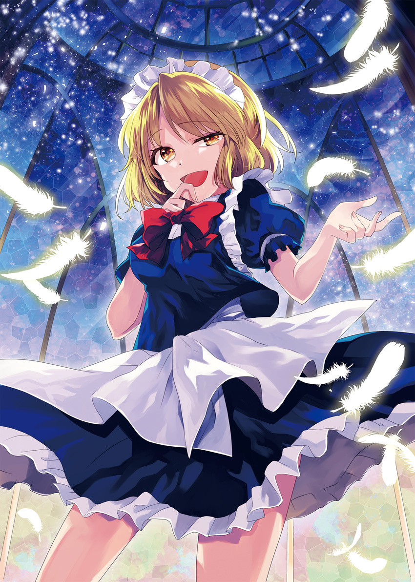 apron blonde_hair blue_shirt blue_skirt bow bowtie cowboy_shot dome eyebrows eyebrows_visible_through_hair feathers frilled_skirt frills headdress highres indoors katayama_kei laughing mugetsu open_mouth puffy_short_sleeves puffy_sleeves red_bow red_neckwear shirt short_hair short_sleeves skirt smile solo touhou touhou_(pc-98) waist_apron white_apron yellow_eyes