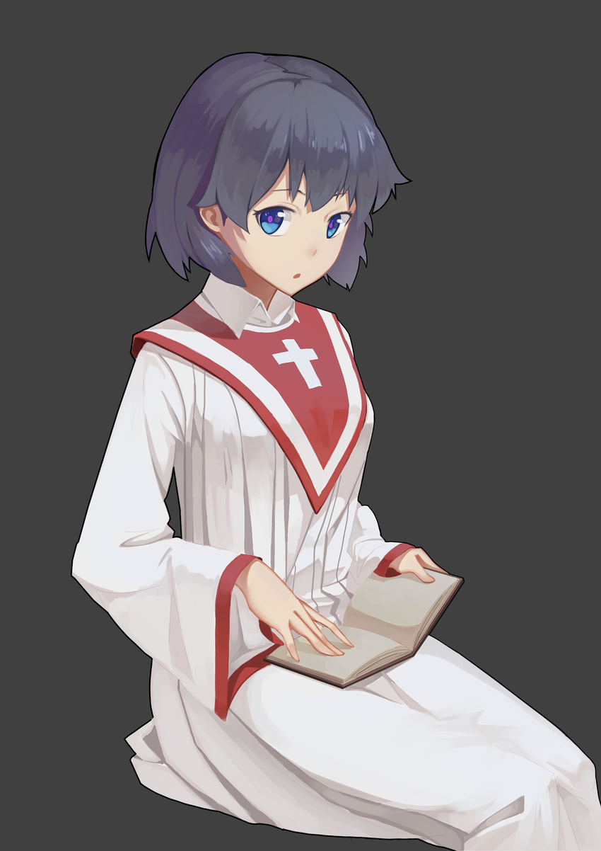 :o absurdres bangs black_hair blue_eyes book breasts copyright_request cross_print dress fps grey_background highres holding holding_book long_sleeves looking_at_viewer medium_breasts open_book short_hair simple_background sitting solo surprised white_dress wide_sleeves