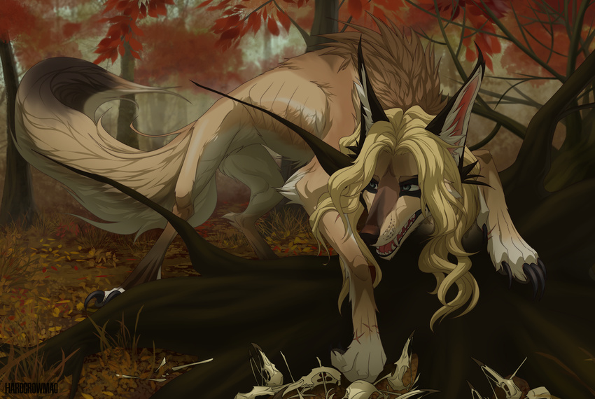 blonde_hair claws day detailed_background digitigrade feral fluffy fluffy_tail fur green_eyes hair long_ears mammal maocrowhard nude open_mouth outside solo standing tan_fur teeth tongue
