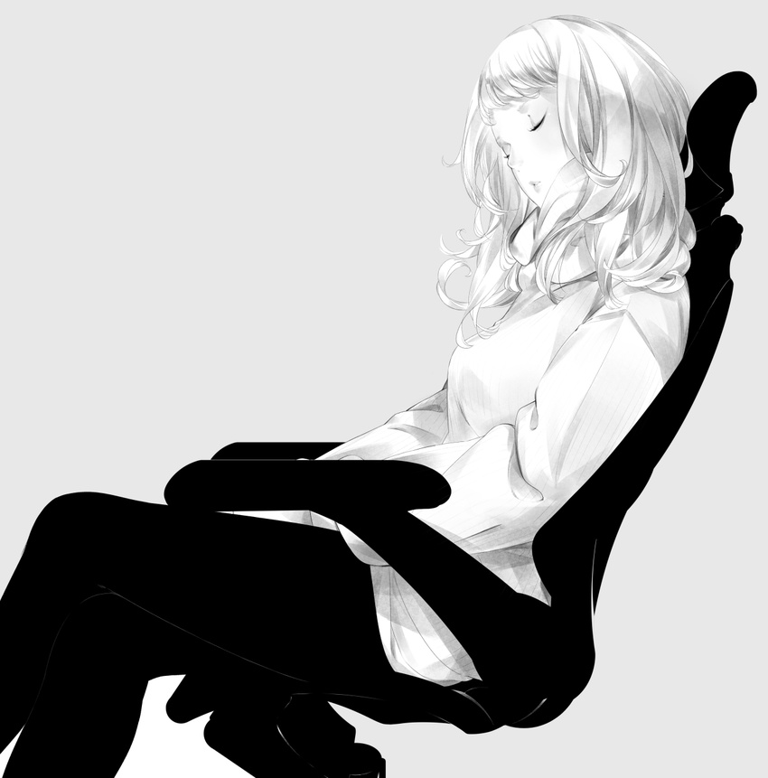 bangs black_pants breasts chair eyelashes from_side grey_background greyscale head_tilt highres leaning_back lips long_hair long_sleeves medium_breasts monochrome original pants parted_lips simple_background sitting sleeping sleeping_upright solo sousou_(sousouworks)