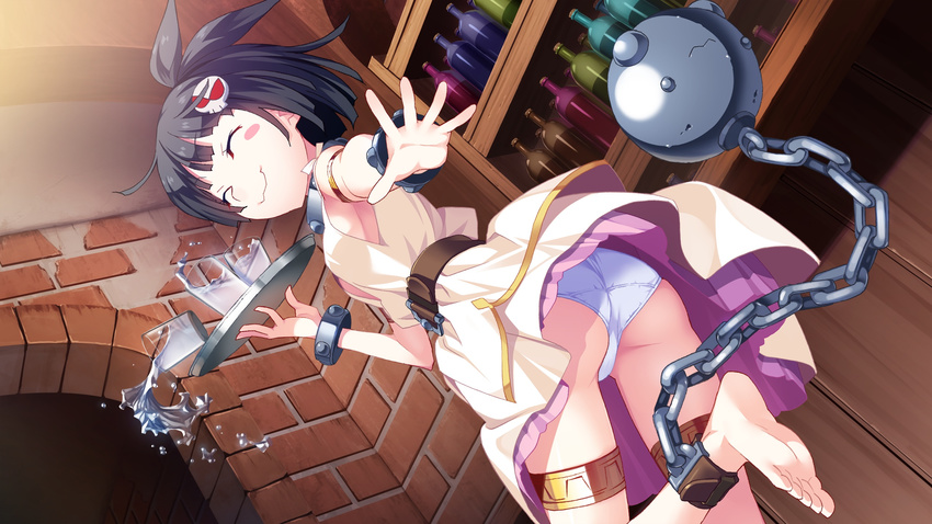 :3 accident ball_and_chain_restraint barefoot black_hair blush_stickers breasts carrying closed_eyes drink dutch_angle feet game_cg hair_ornament hatsuru_koto_naki_mirai_yori highres leg_up non-web_source outstretched_hand panties short_hair skirt skull small_breasts smile solo sotereah spilling thigh_strap tray underwear watanabe_akio white_panties zombie