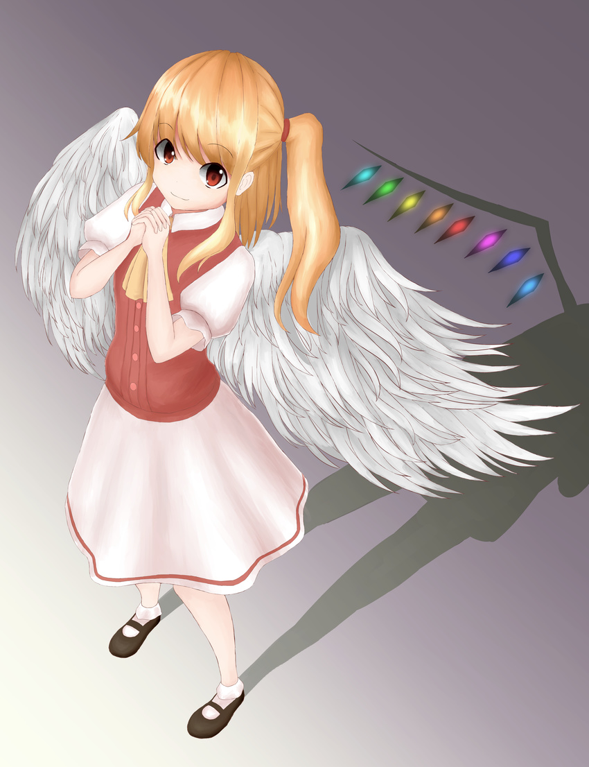 absurdres adapted_costume alternate_wings angel_wings ascot blonde_hair bobby_socks different_shadow feathered_wings flandre_scarlet foreshortening from_above gradient gradient_background grey_background hands_clasped highres interlocked_fingers looking_at_viewer looking_up mary_janes no_hat no_headwear own_hands_together puffy_short_sleeves puffy_sleeves red_eyes red_shirt shadow shirt shoes short_hair short_sleeves side_ponytail skirt smile socks solo touhou waravinh wings